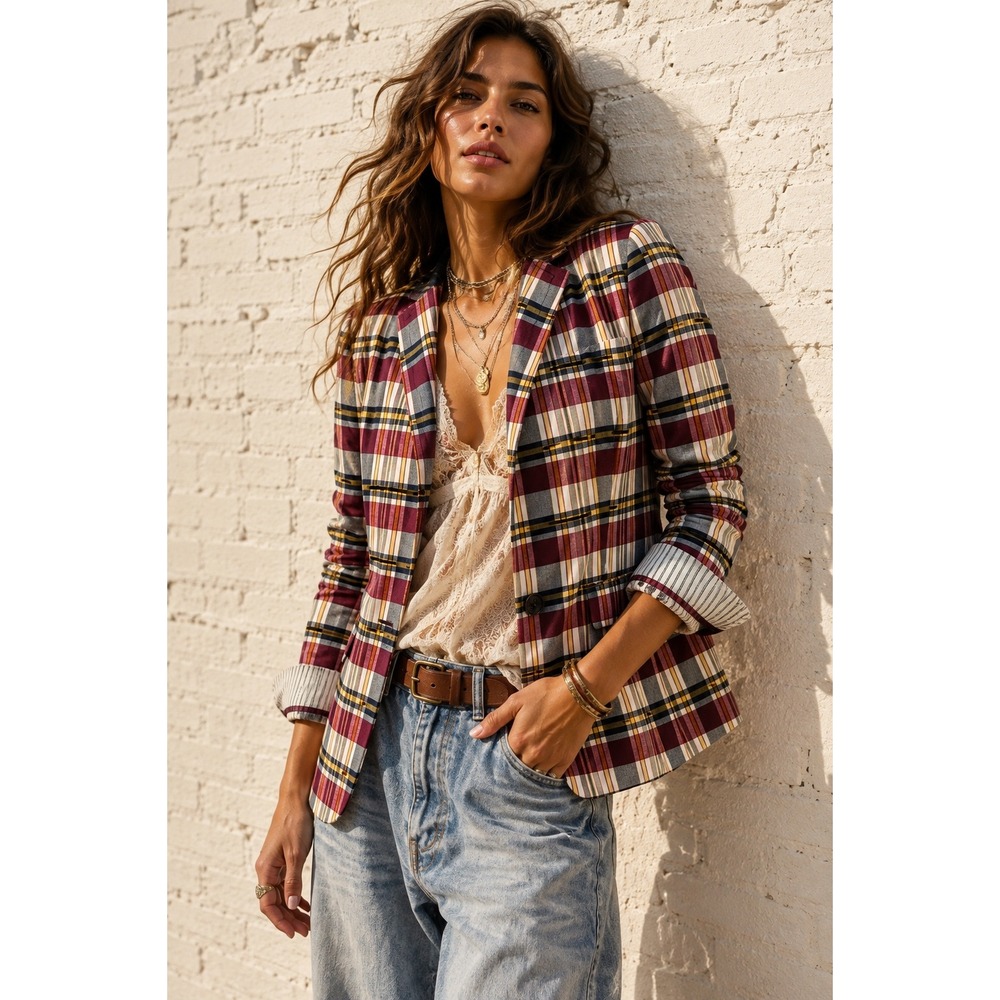 J.Crew Regent Blazer Burgundy Vintage Plaid 100% Cotton Preppy Academia 00P